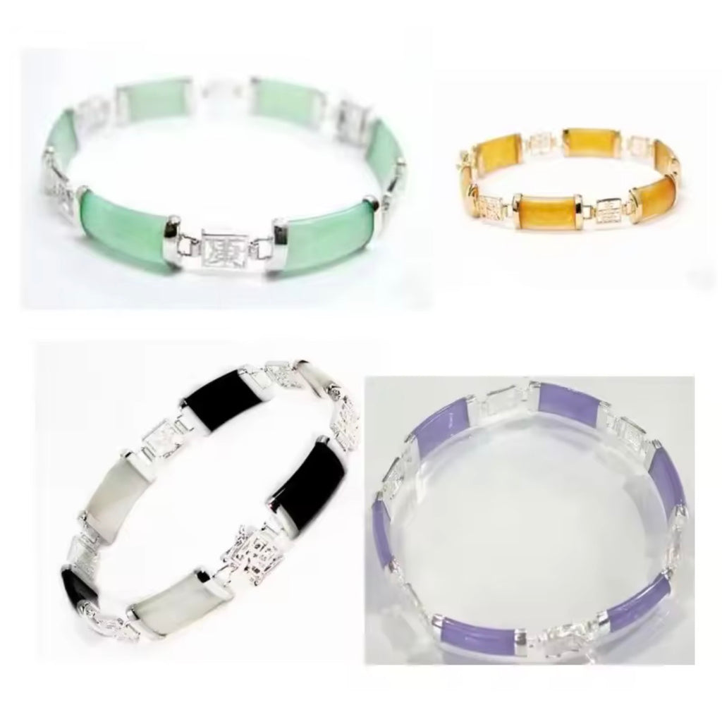 Natural Jade and Agate Stones Bracelets On 18K Yellow Gold On Sterling Silver